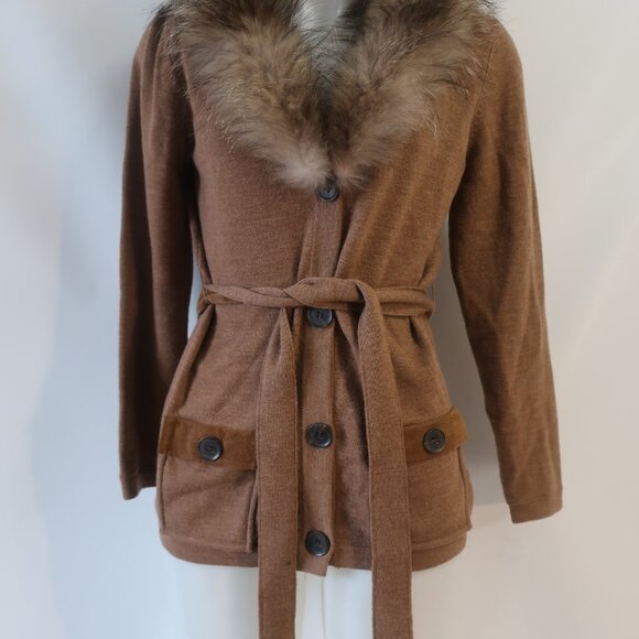 Womens Minnie Rose Brown Merino Wool Blend Racoon Fur Collar Cardigan Sweater M - Picture 4 of 13